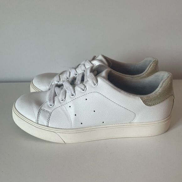 Aldo White Sneakers Round Toe Womens Size 7 Gold Glitter Casual Shoes Lace Up - Picture 4 of 9